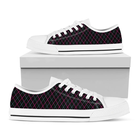 Black Pink And Blue Argyle Pattern Print White Low Top Shoes