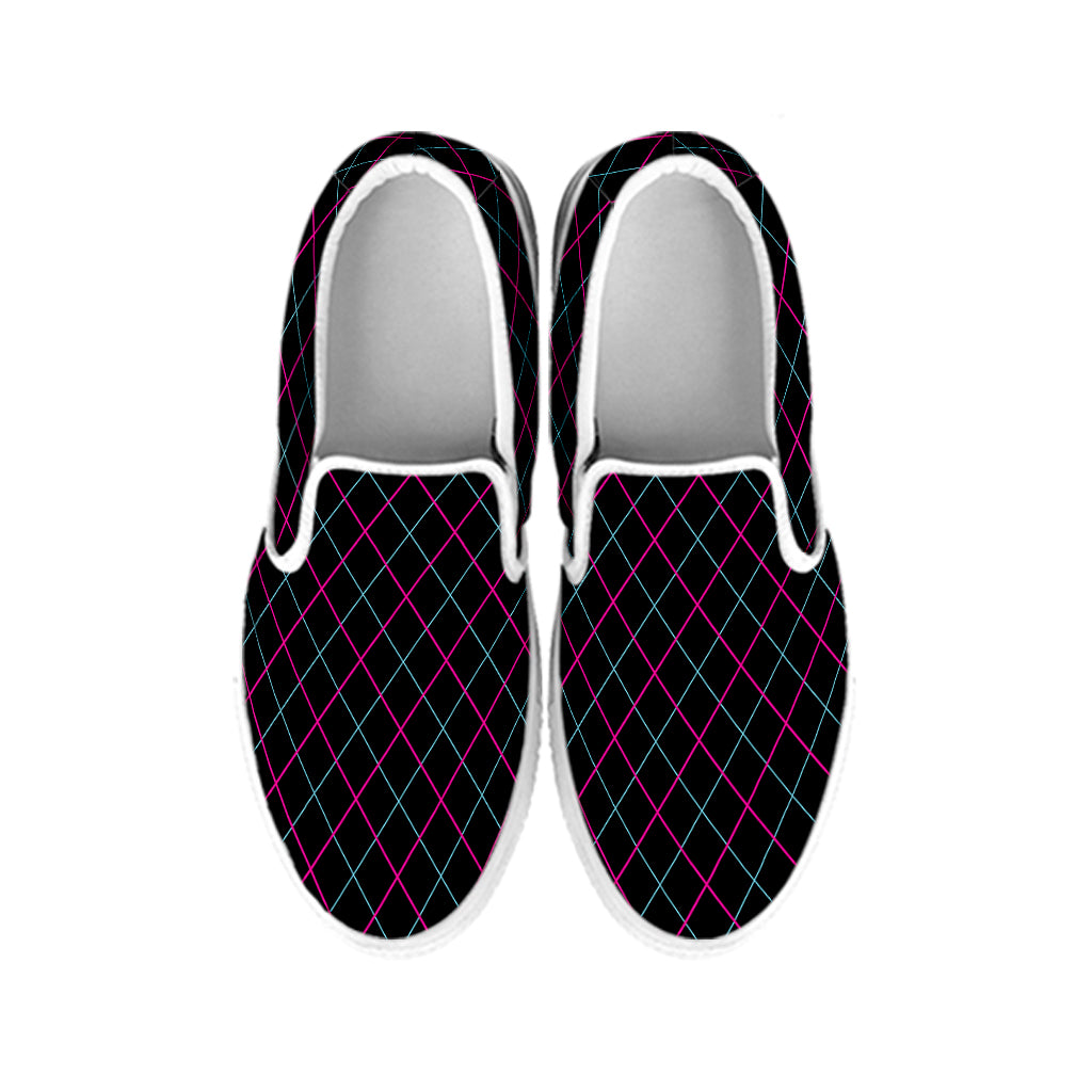 Black Pink And Blue Argyle Pattern Print White Slip On Shoes