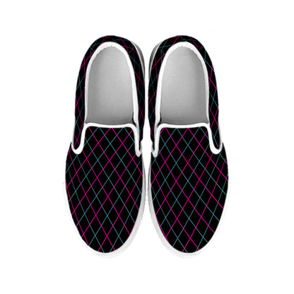 Black Pink And Blue Argyle Pattern Print White Slip On Shoes