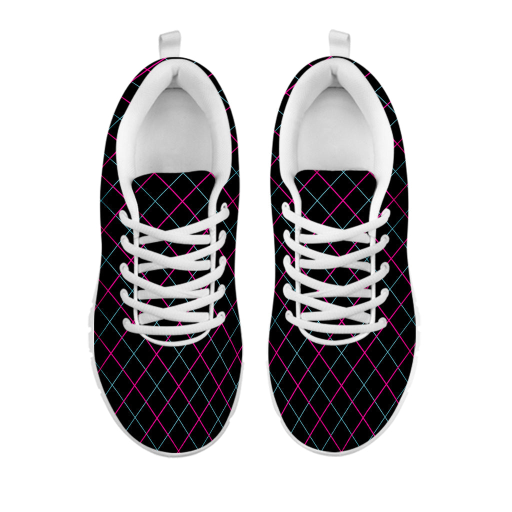 Black Pink And Blue Argyle Pattern Print White Sneakers