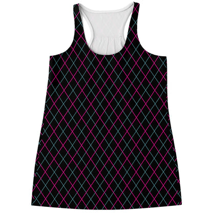 Black Pink And Blue Argyle Pattern Print Women's Racerback Tank Top