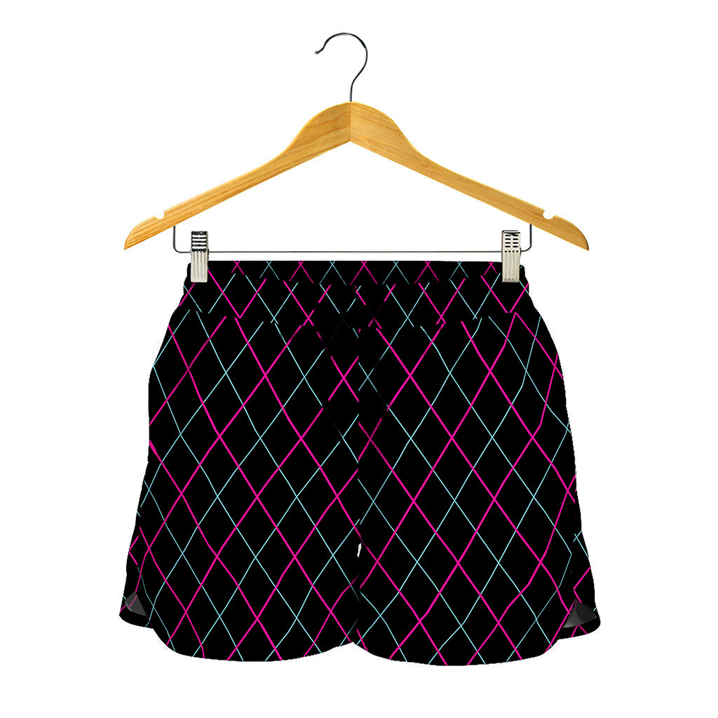 Black Pink And Blue Argyle Pattern Print Women's Shorts