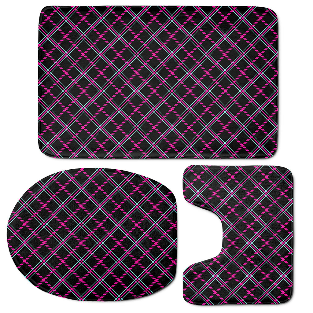 Black Pink And Blue Tartan Pattern Print 3 Piece Bath Mat Set