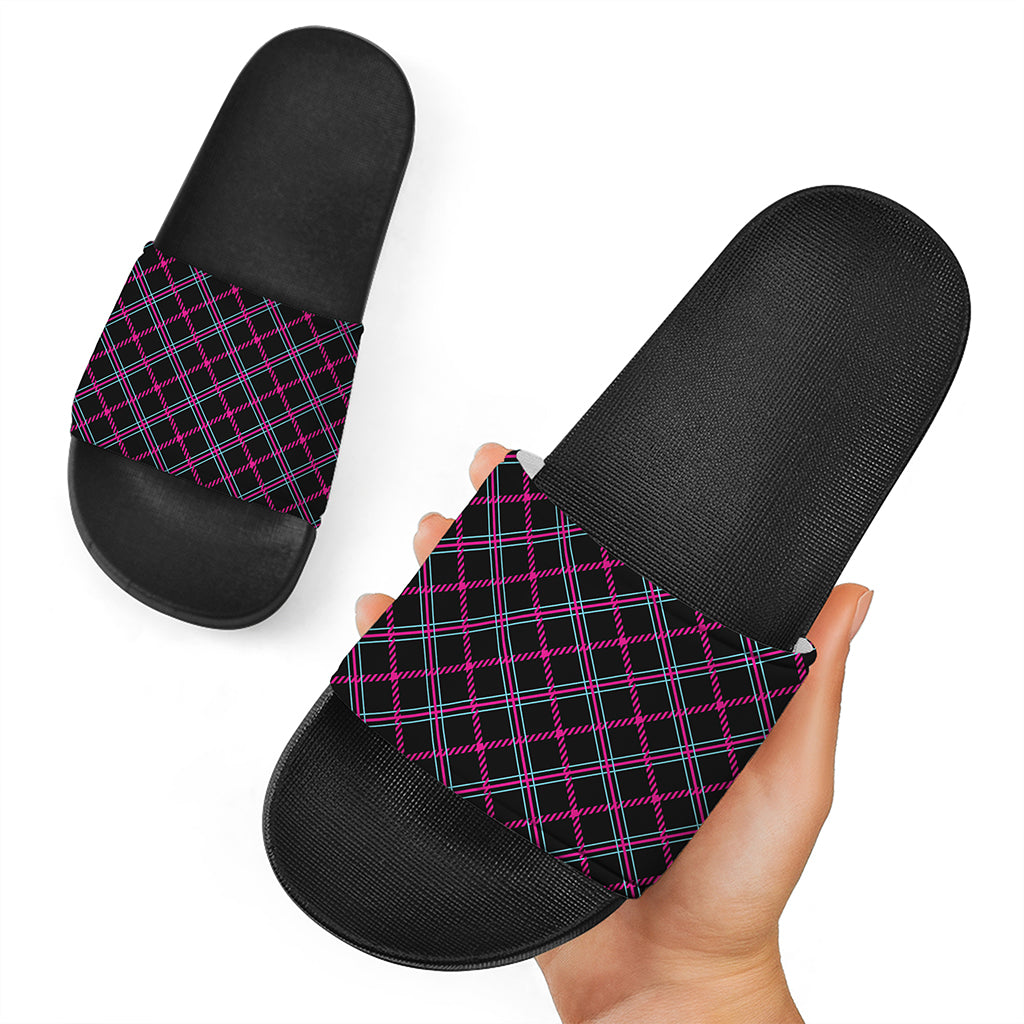 Black Pink And Blue Tartan Pattern Print Black Slide Sandals