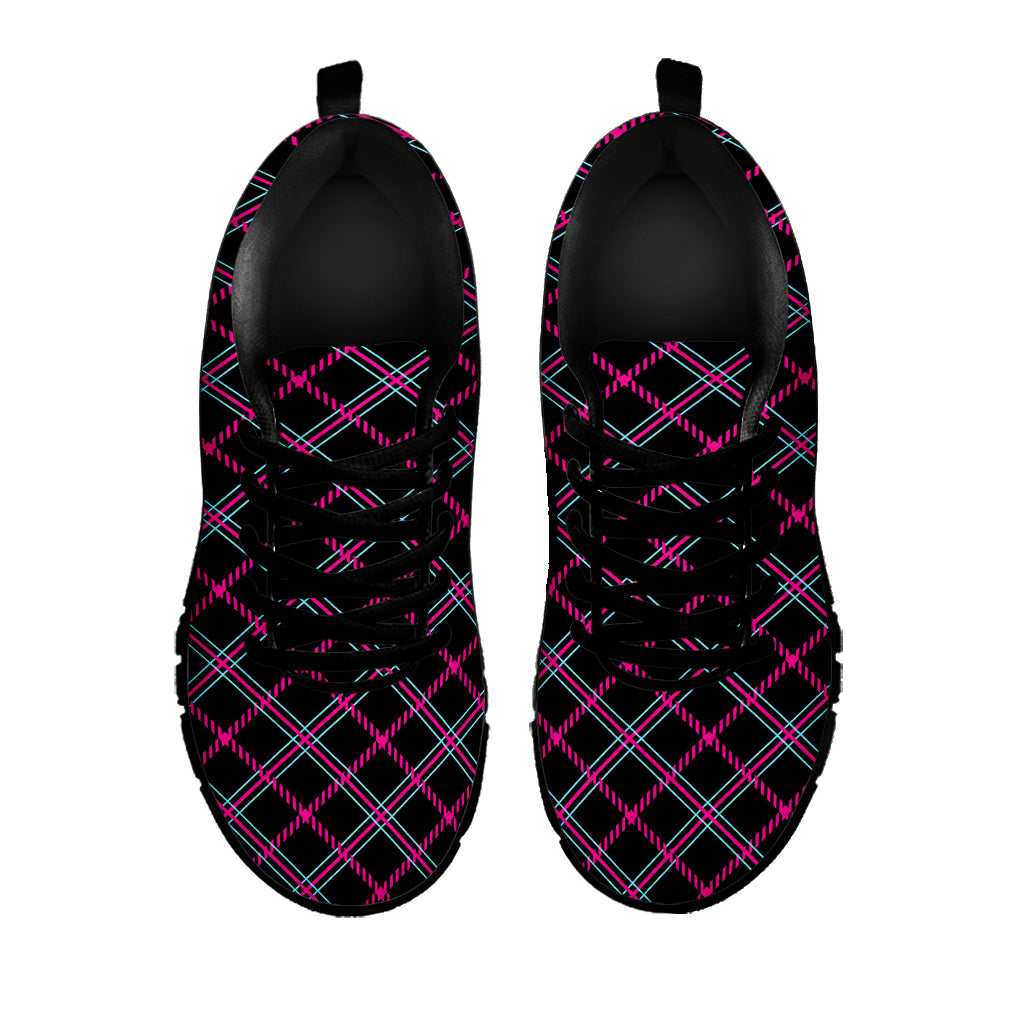 Black Pink And Blue Tartan Pattern Print Black Sneakers