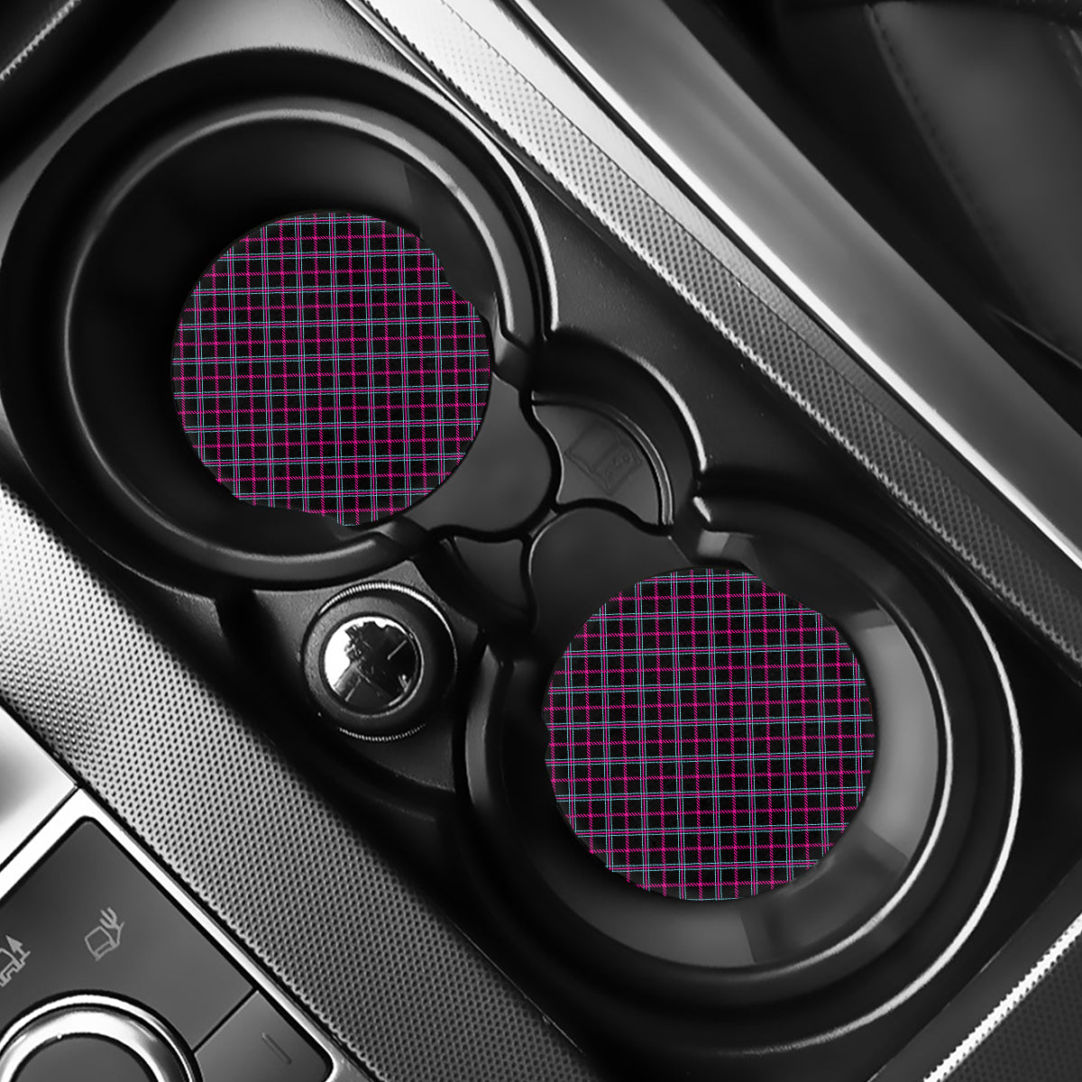 Black Pink And Blue Tartan Pattern Print Car Coasters