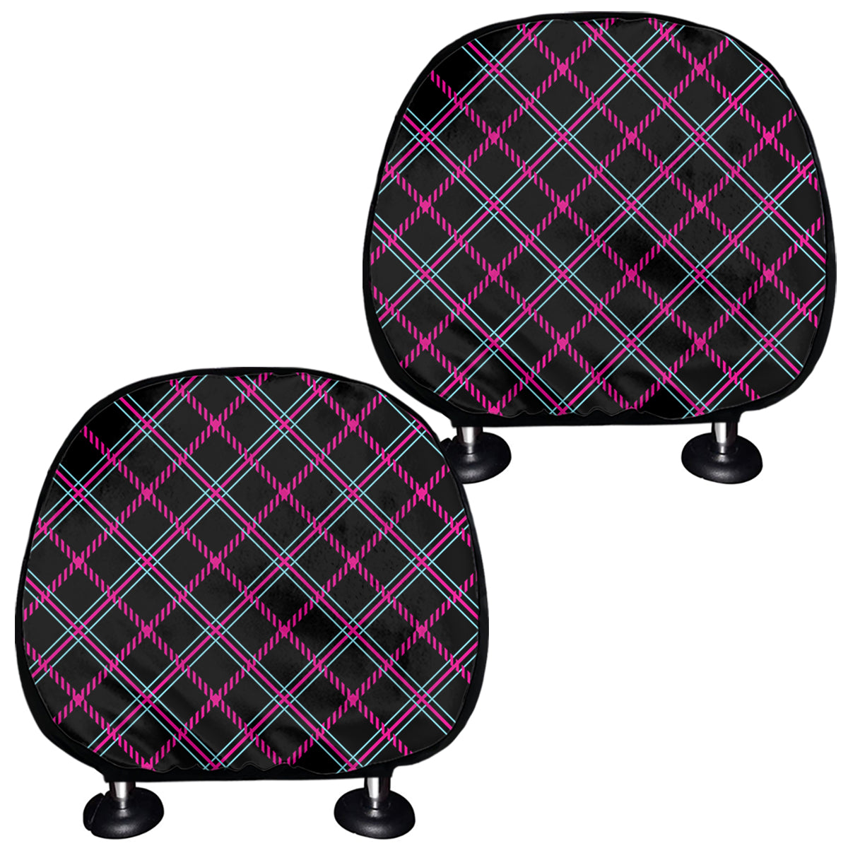 Black Pink And Blue Tartan Pattern Print Car Headrest Covers