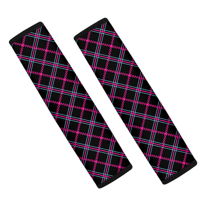 Black Pink And Blue Tartan Pattern Print Car Seat Belt Covers