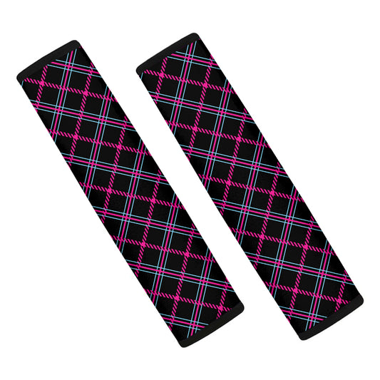 Black Pink And Blue Tartan Pattern Print Car Seat Belt Covers