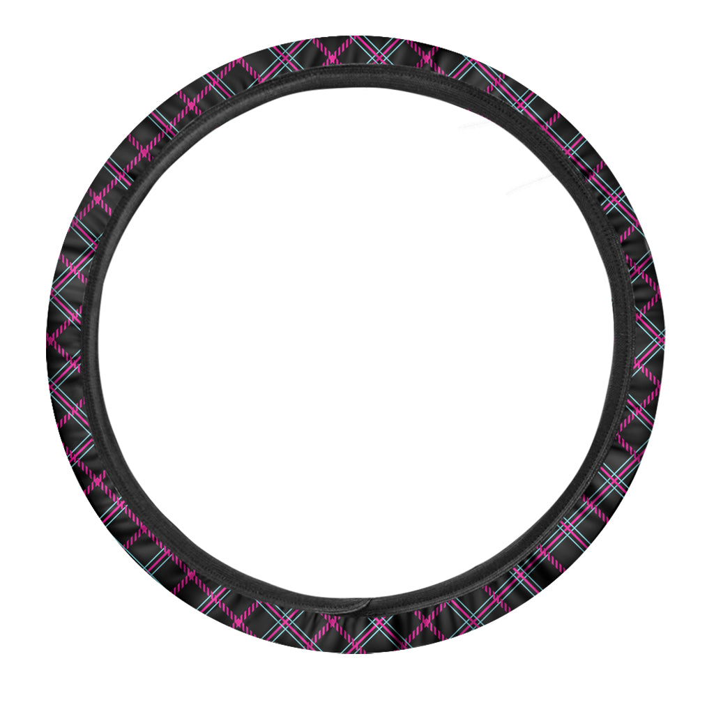 Black Pink And Blue Tartan Pattern Print Car Steering Wheel Cover