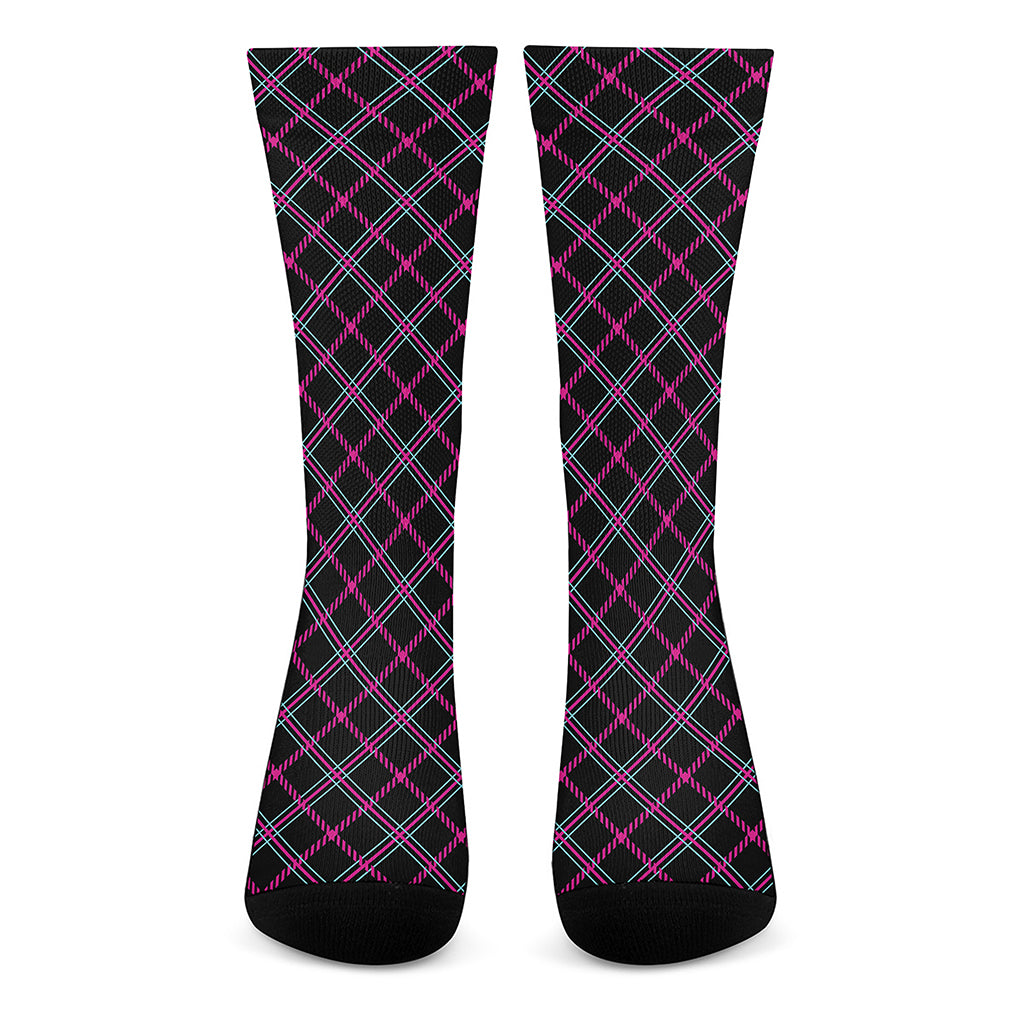 Black Pink And Blue Tartan Pattern Print Crew Socks