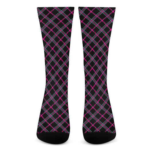 Black Pink And Blue Tartan Pattern Print Crew Socks