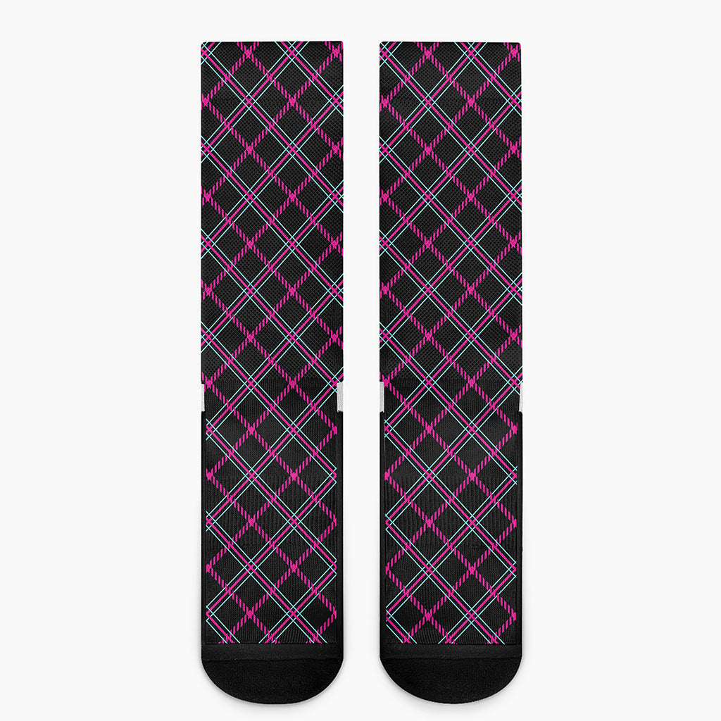 Black Pink And Blue Tartan Pattern Print Crew Socks