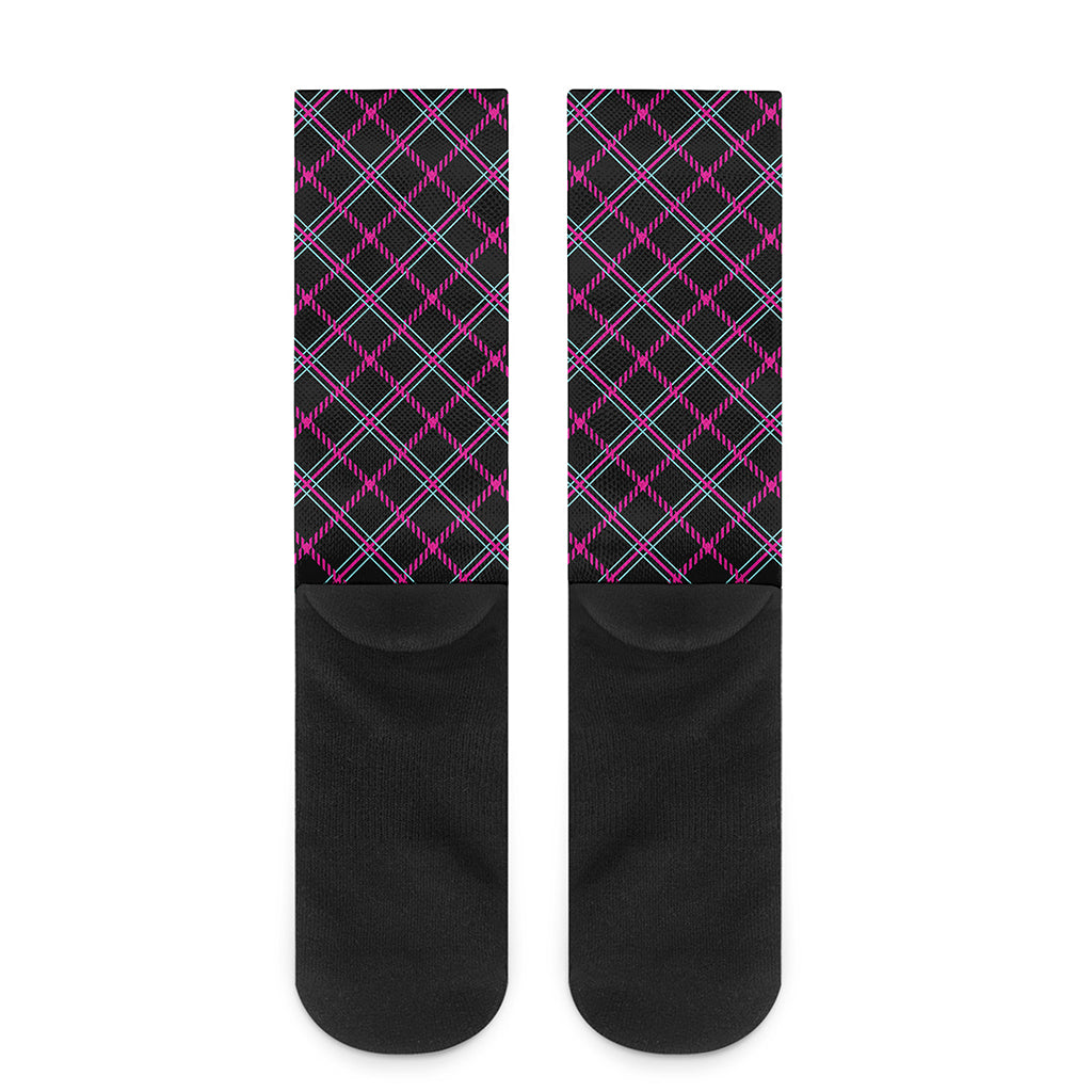 Black Pink And Blue Tartan Pattern Print Crew Socks