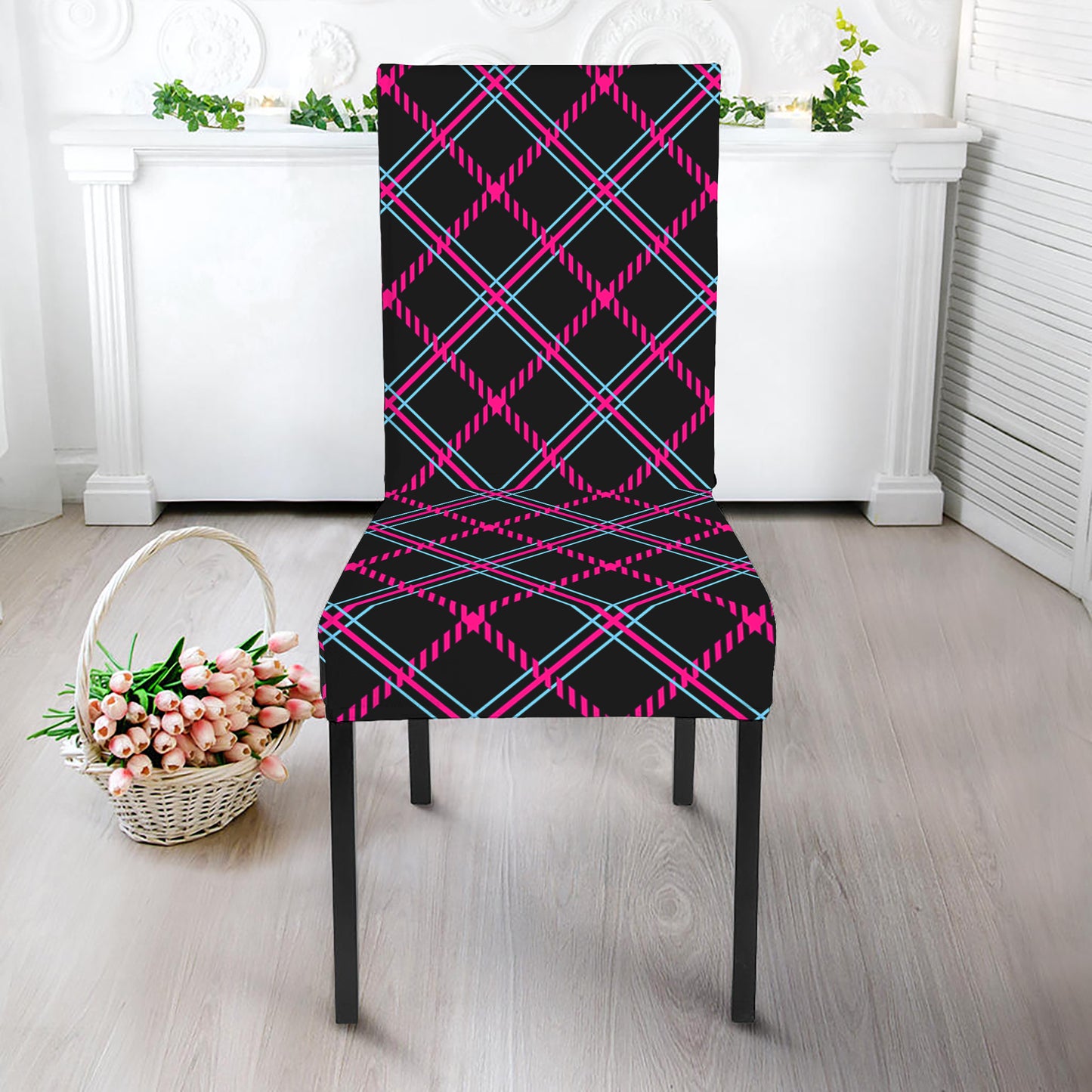 Black Pink And Blue Tartan Pattern Print Dining Chair Slipcover