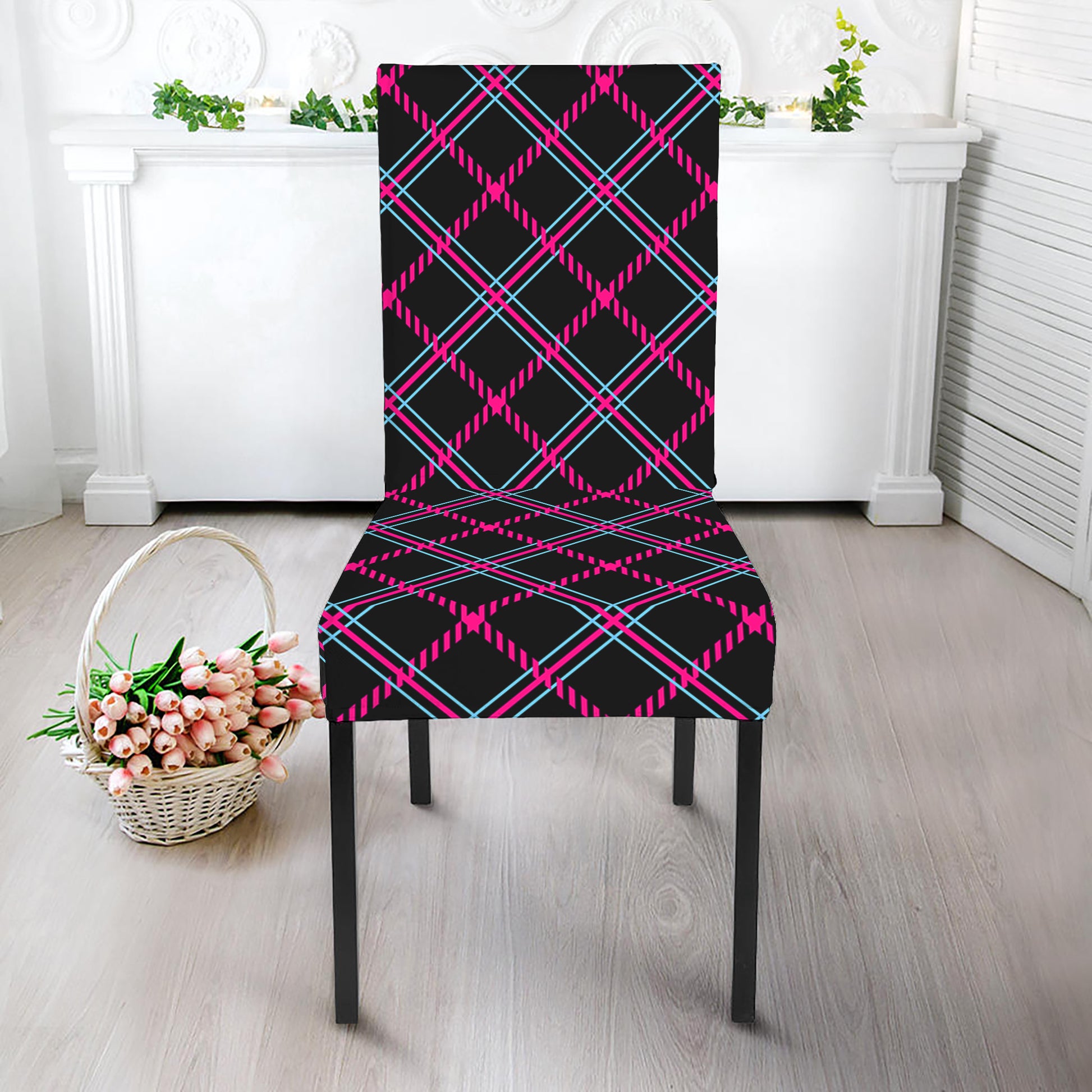 Black Pink And Blue Tartan Pattern Print Dining Chair Slipcover