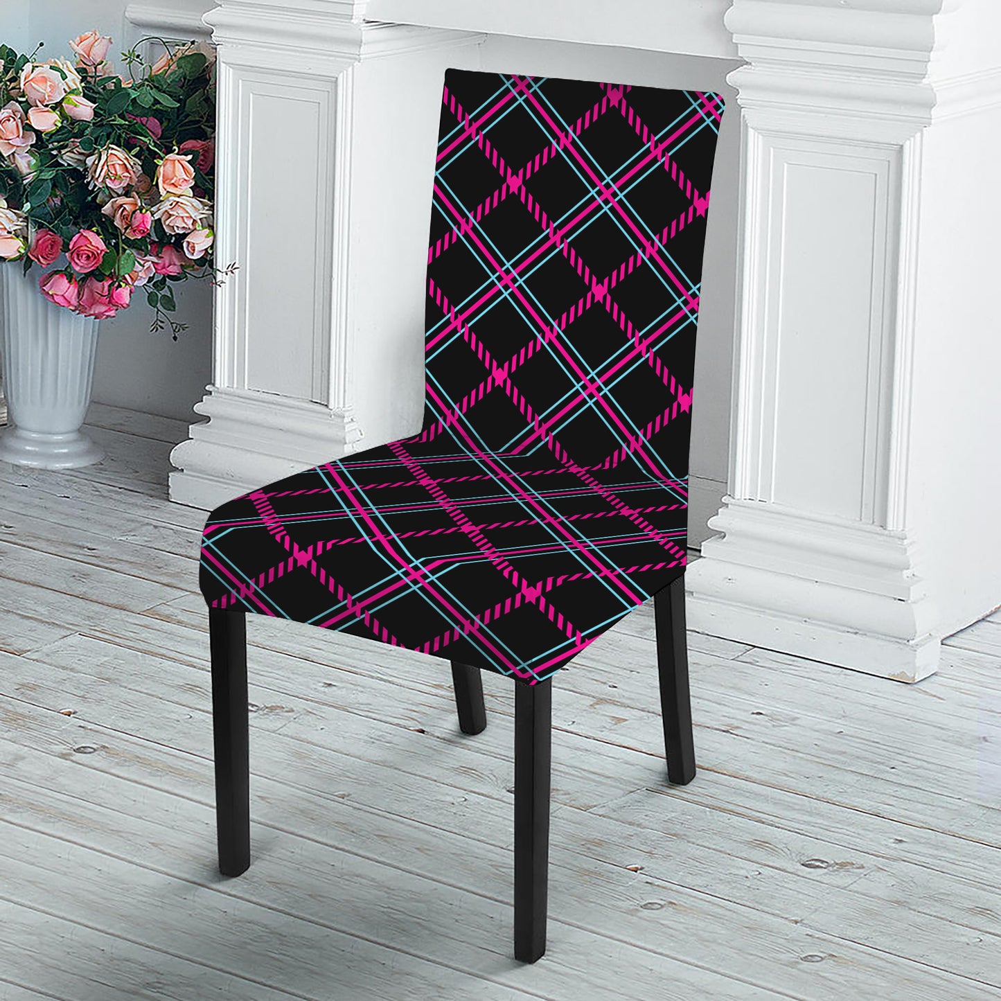 Black Pink And Blue Tartan Pattern Print Dining Chair Slipcover