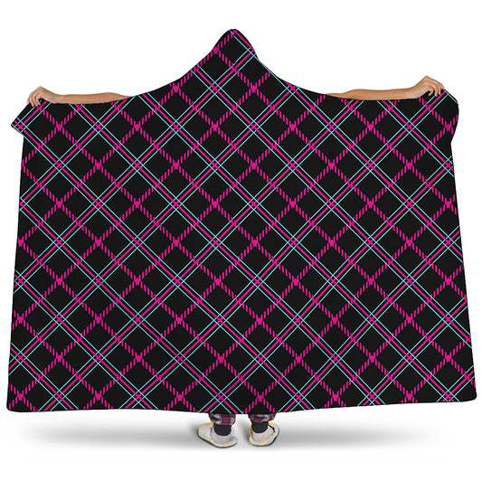 Black Pink And Blue Tartan Pattern Print Hooded Blanket