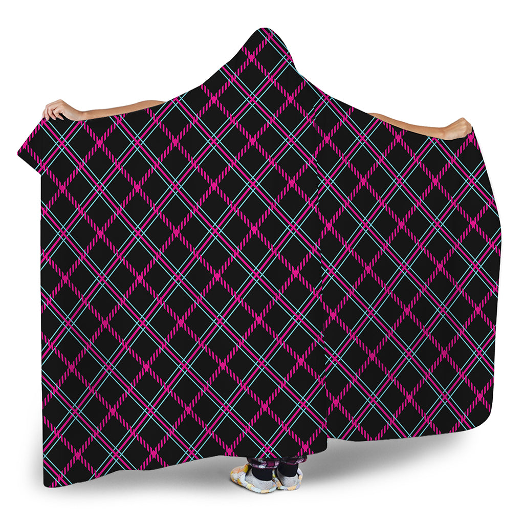 Black Pink And Blue Tartan Pattern Print Hooded Blanket