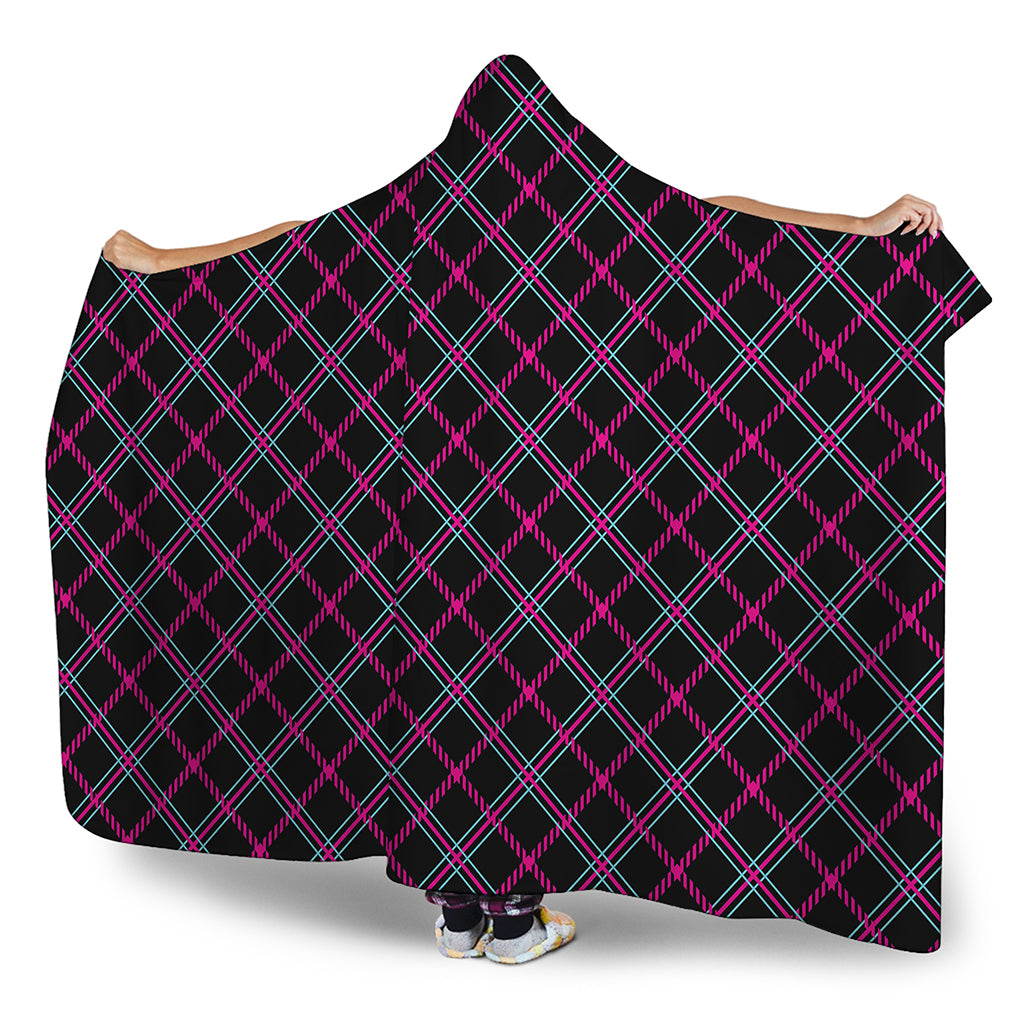 Black Pink And Blue Tartan Pattern Print Hooded Blanket