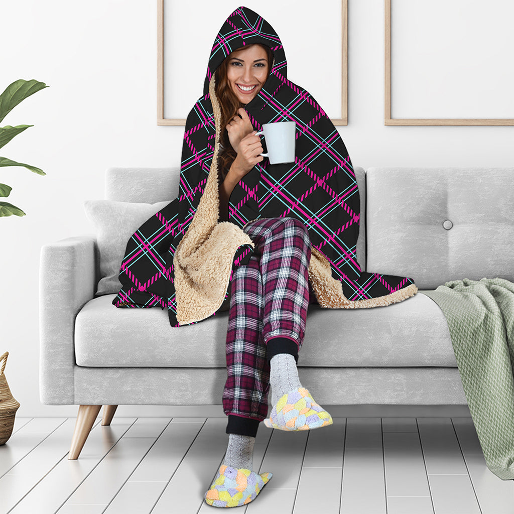 Black Pink And Blue Tartan Pattern Print Hooded Blanket