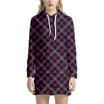Black Pink And Blue Tartan Pattern Print Hoodie Dress