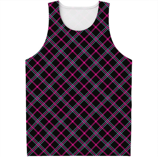 Black Pink And Blue Tartan Pattern Print Men's Tank Top