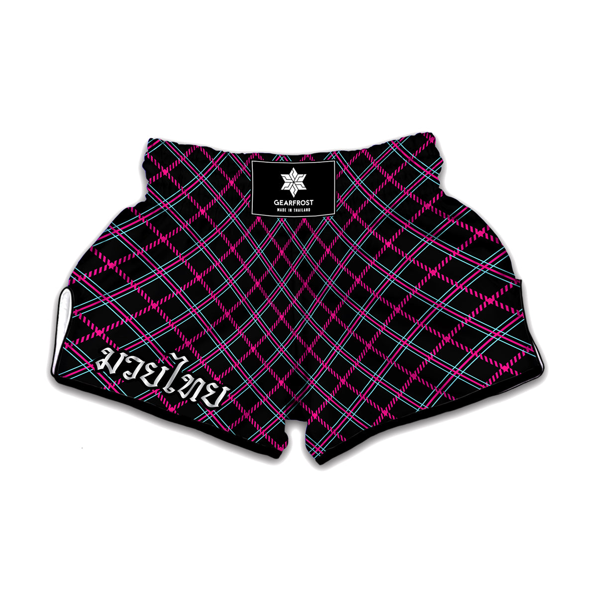 Black Pink And Blue Tartan Pattern Print Muay Thai Boxing Shorts