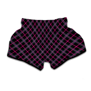 Black Pink And Blue Tartan Pattern Print Muay Thai Boxing Shorts