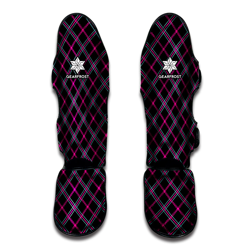 Black Pink And Blue Tartan Pattern Print Muay Thai Shin Guard