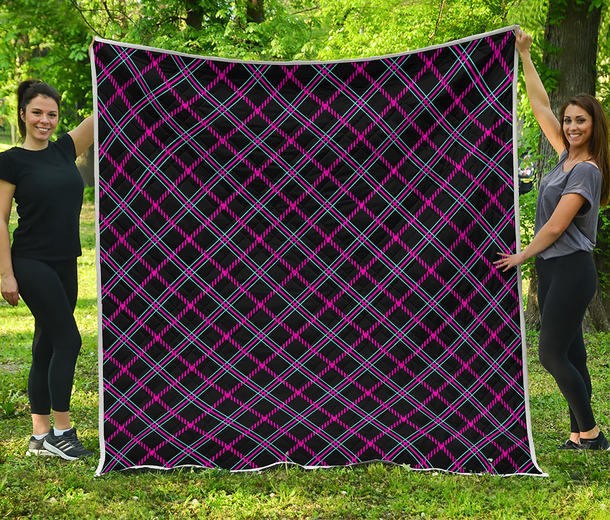 Black Pink And Blue Tartan Pattern Print Quilt