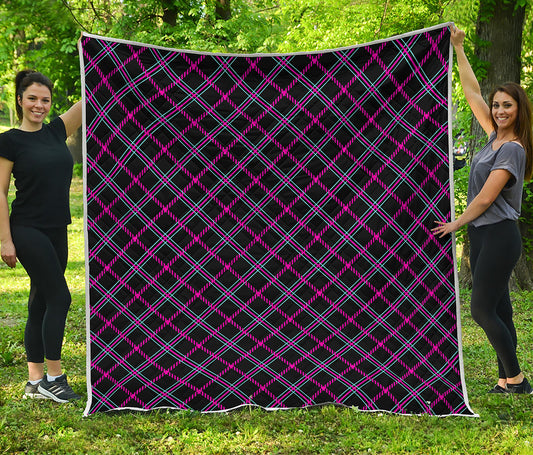 Black Pink And Blue Tartan Pattern Print Quilt
