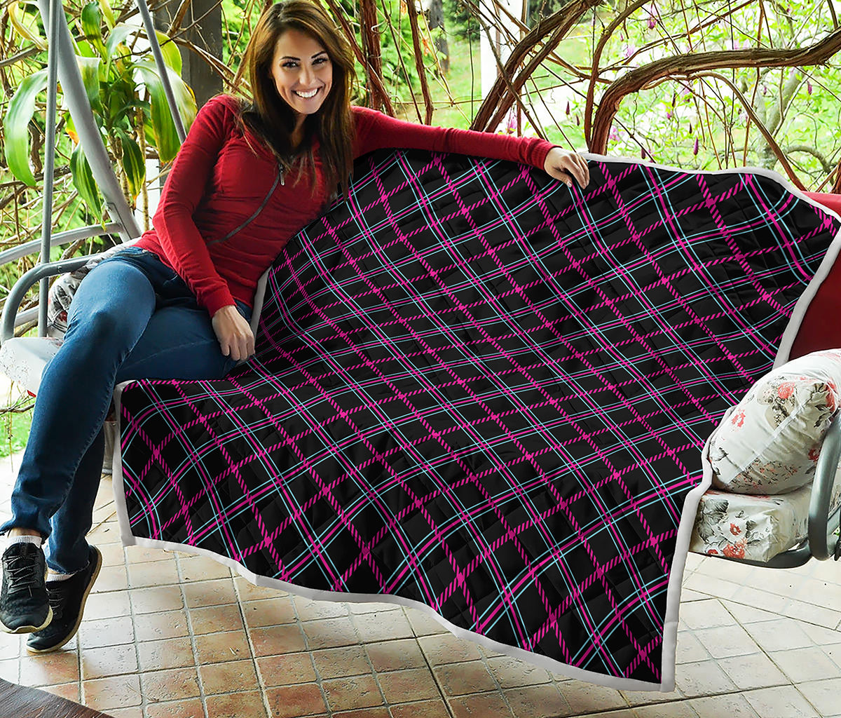 Black Pink And Blue Tartan Pattern Print Quilt
