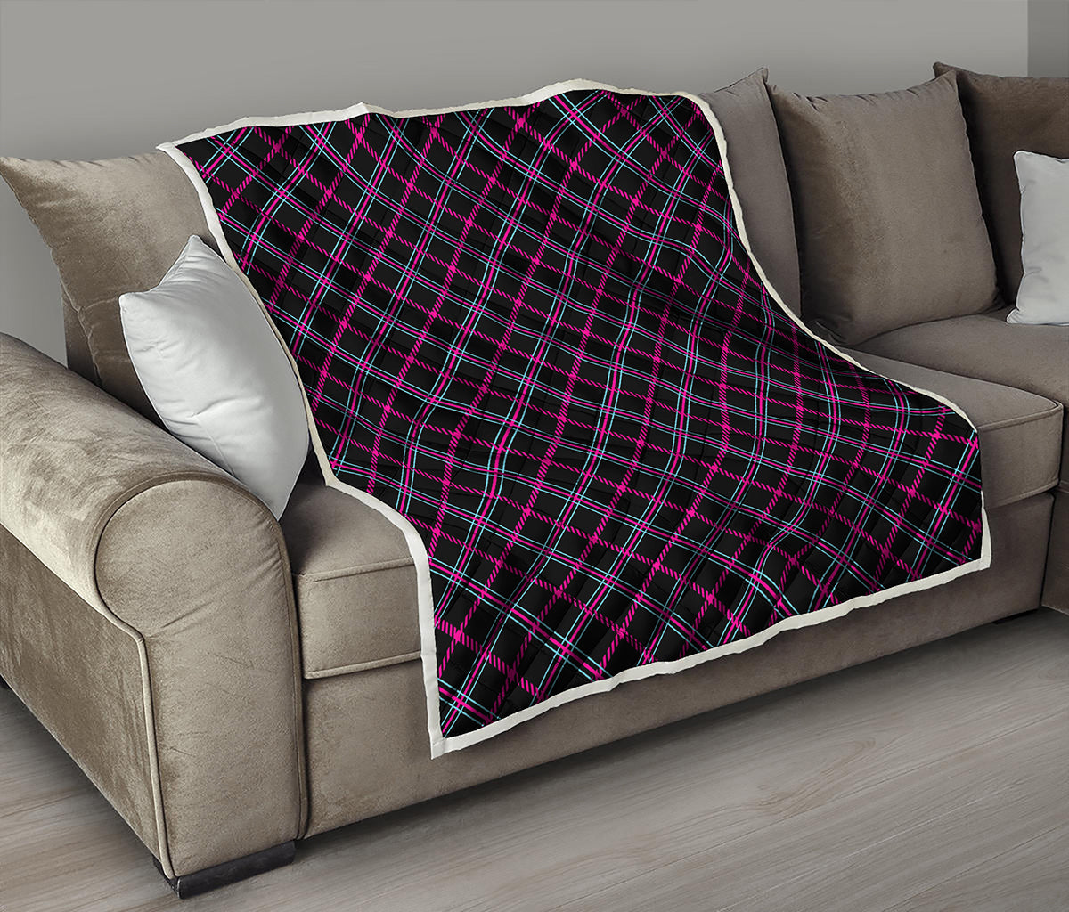 Black Pink And Blue Tartan Pattern Print Quilt