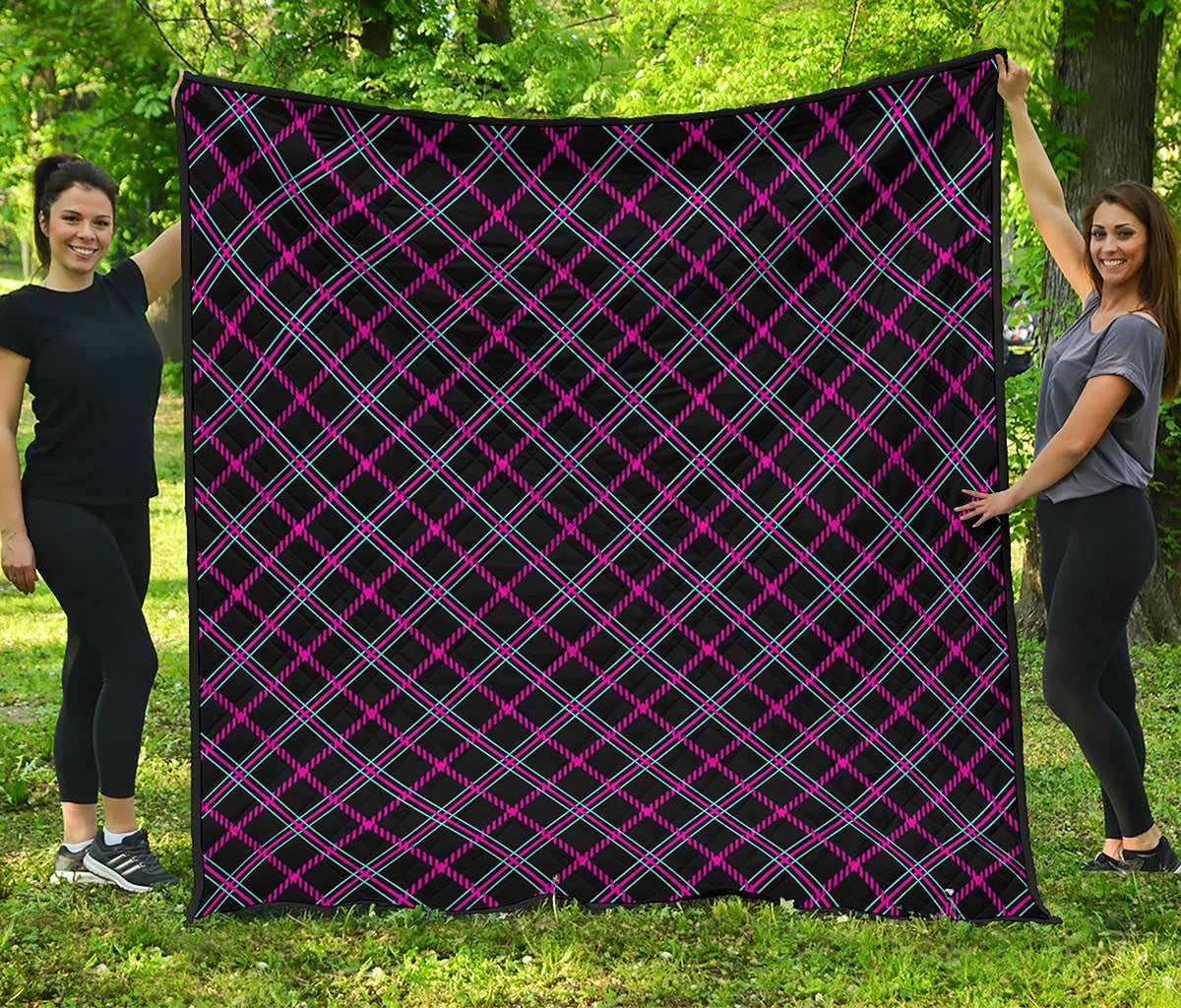 Black Pink And Blue Tartan Pattern Print Quilt