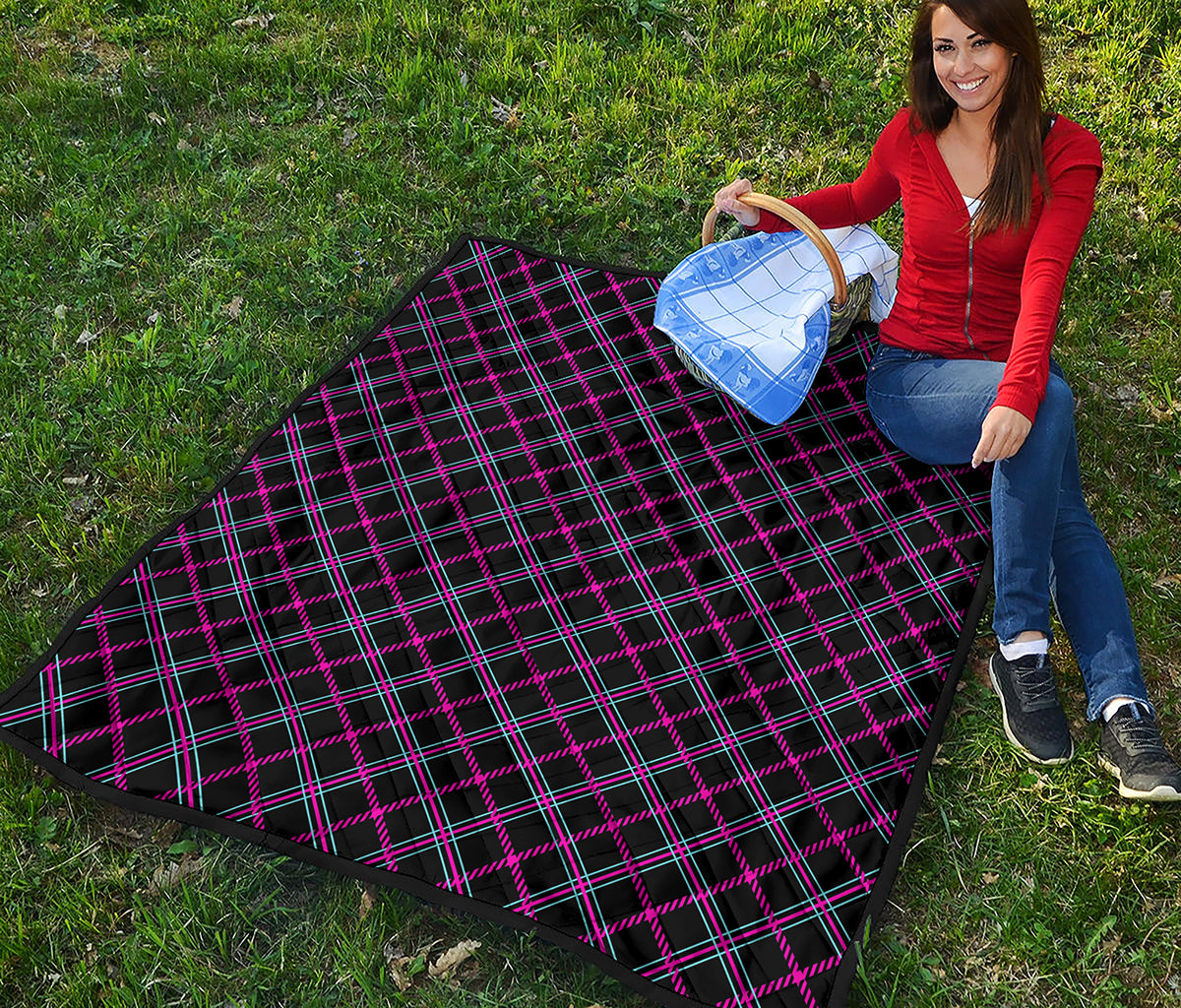 Black Pink And Blue Tartan Pattern Print Quilt
