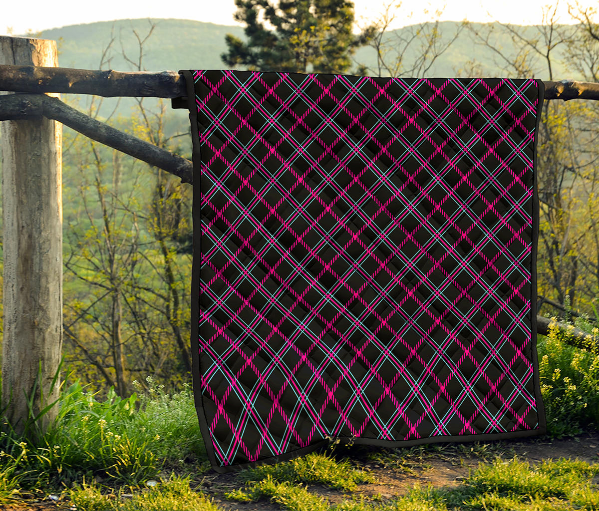 Black Pink And Blue Tartan Pattern Print Quilt