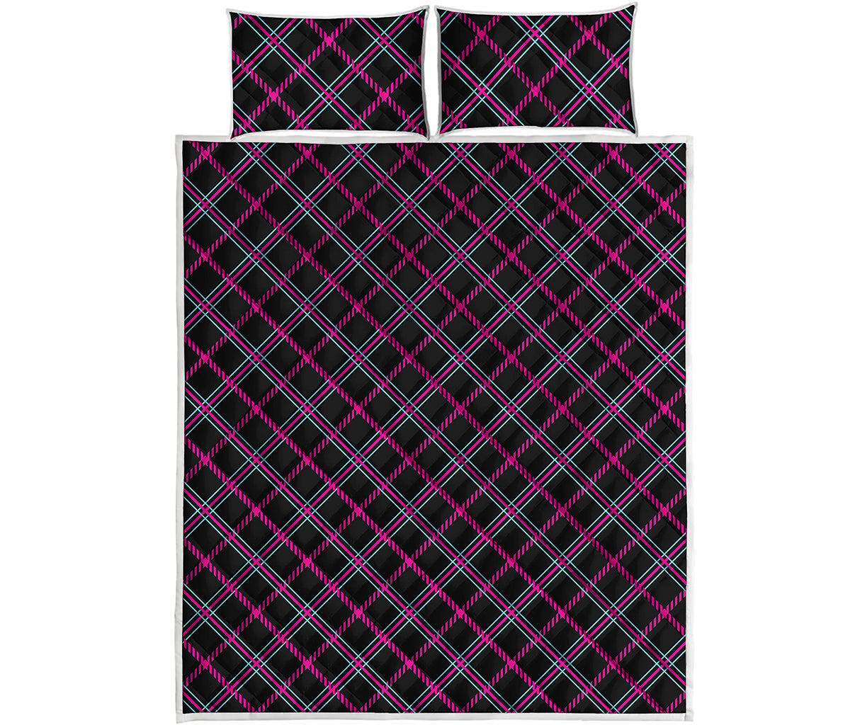 Black Pink And Blue Tartan Pattern Print Quilt Bed Set