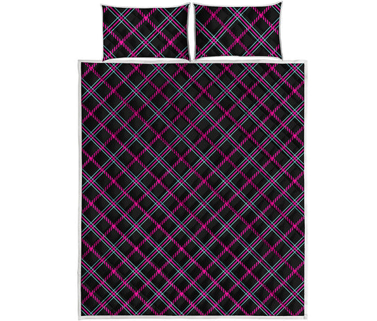 Black Pink And Blue Tartan Pattern Print Quilt Bed Set