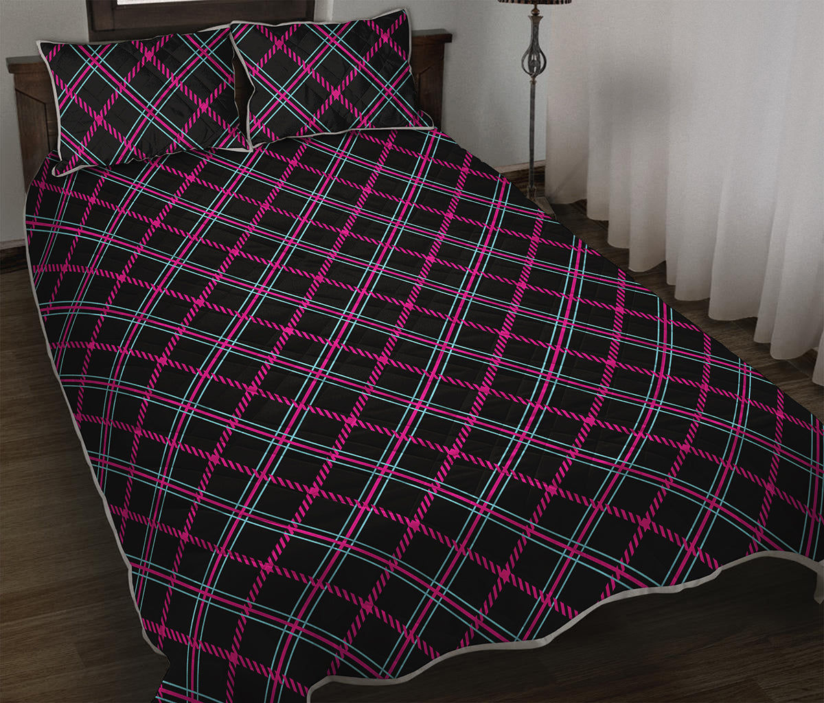 Black Pink And Blue Tartan Pattern Print Quilt Bed Set