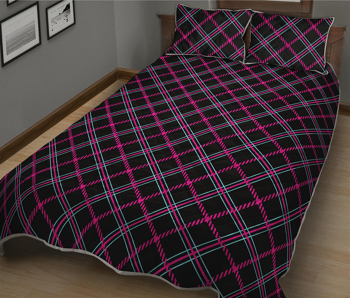 Black Pink And Blue Tartan Pattern Print Quilt Bed Set