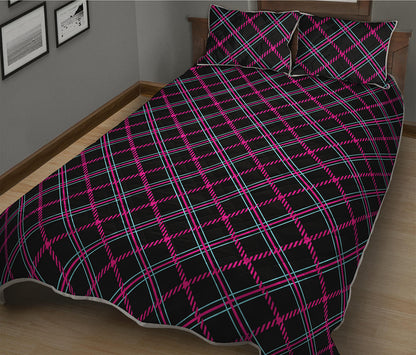 Black Pink And Blue Tartan Pattern Print Quilt Bed Set