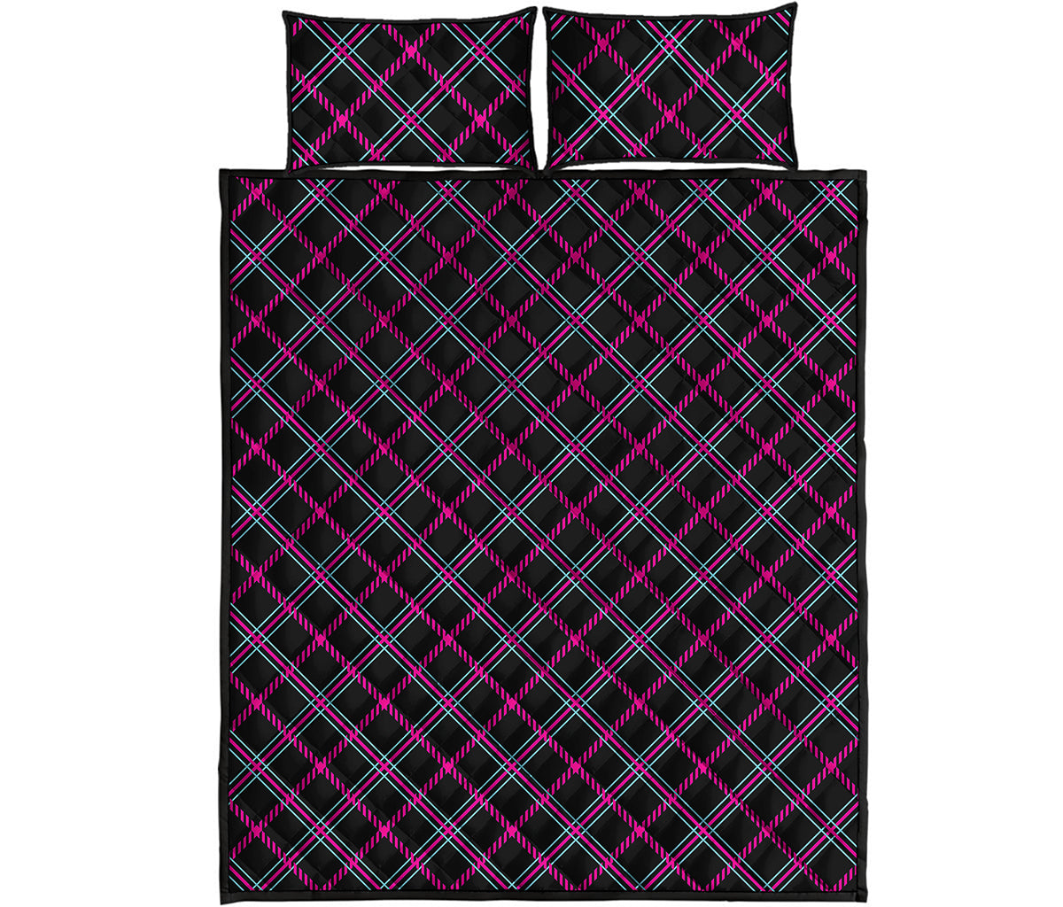 Black Pink And Blue Tartan Pattern Print Quilt Bed Set
