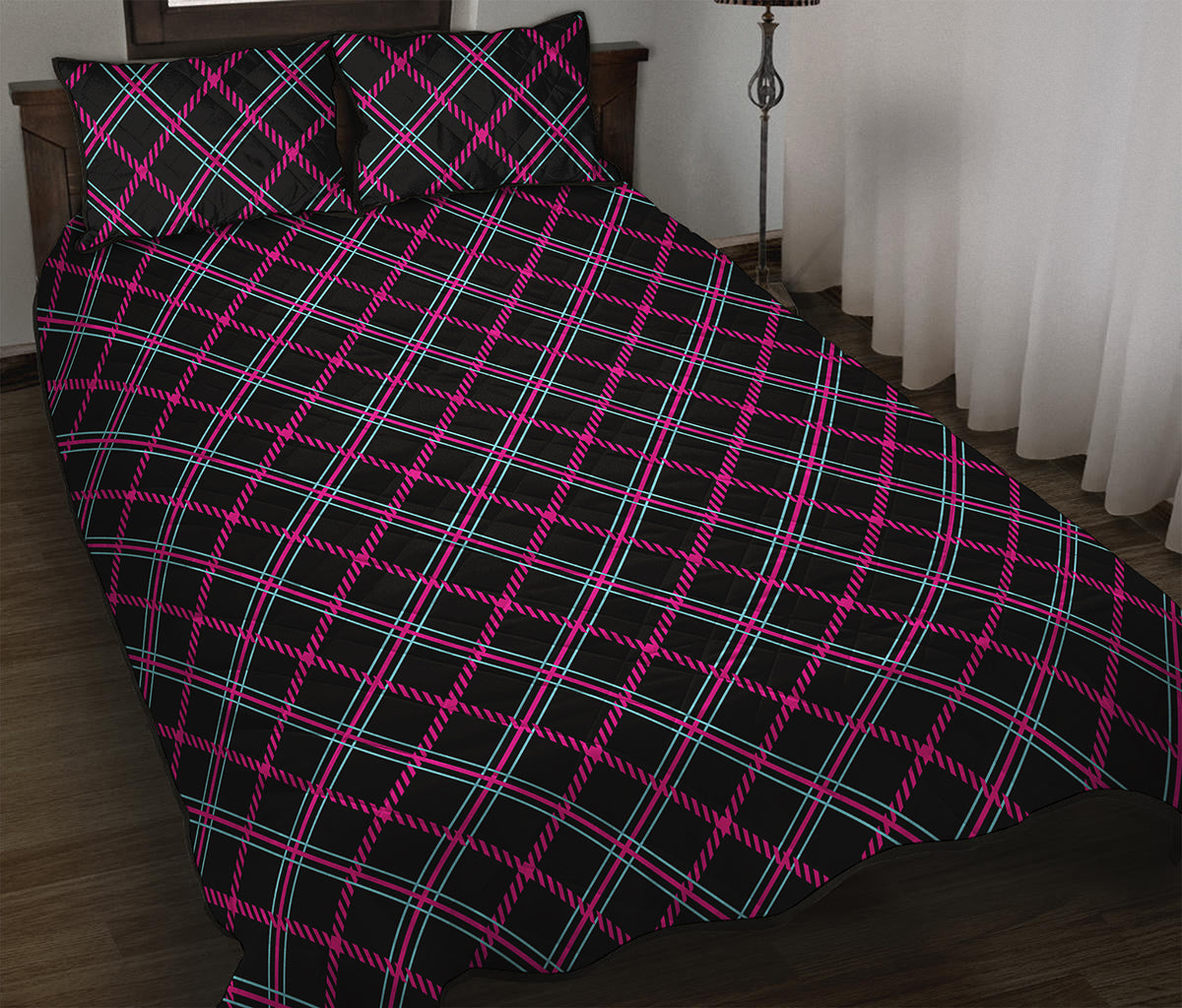 Black Pink And Blue Tartan Pattern Print Quilt Bed Set