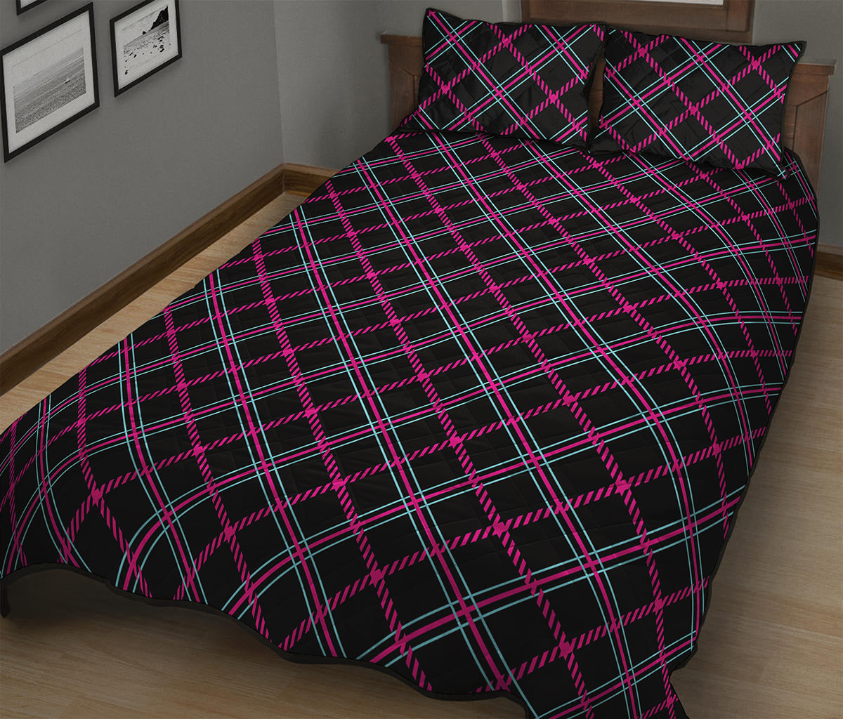 Black Pink And Blue Tartan Pattern Print Quilt Bed Set
