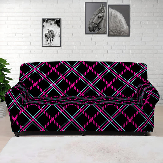 Black Pink And Blue Tartan Pattern Print Sofa Cover