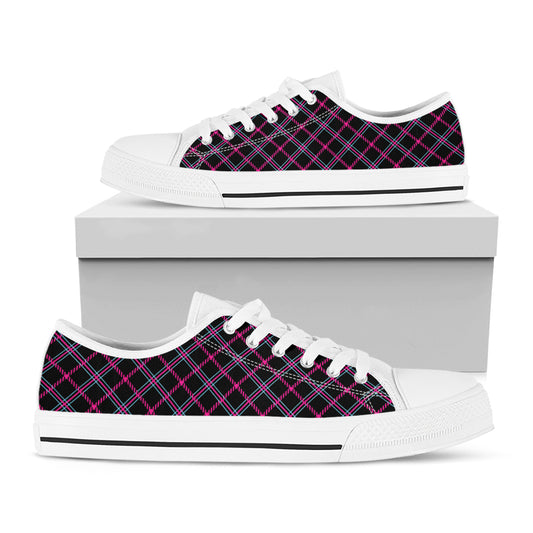 Black Pink And Blue Tartan Pattern Print White Low Top Shoes