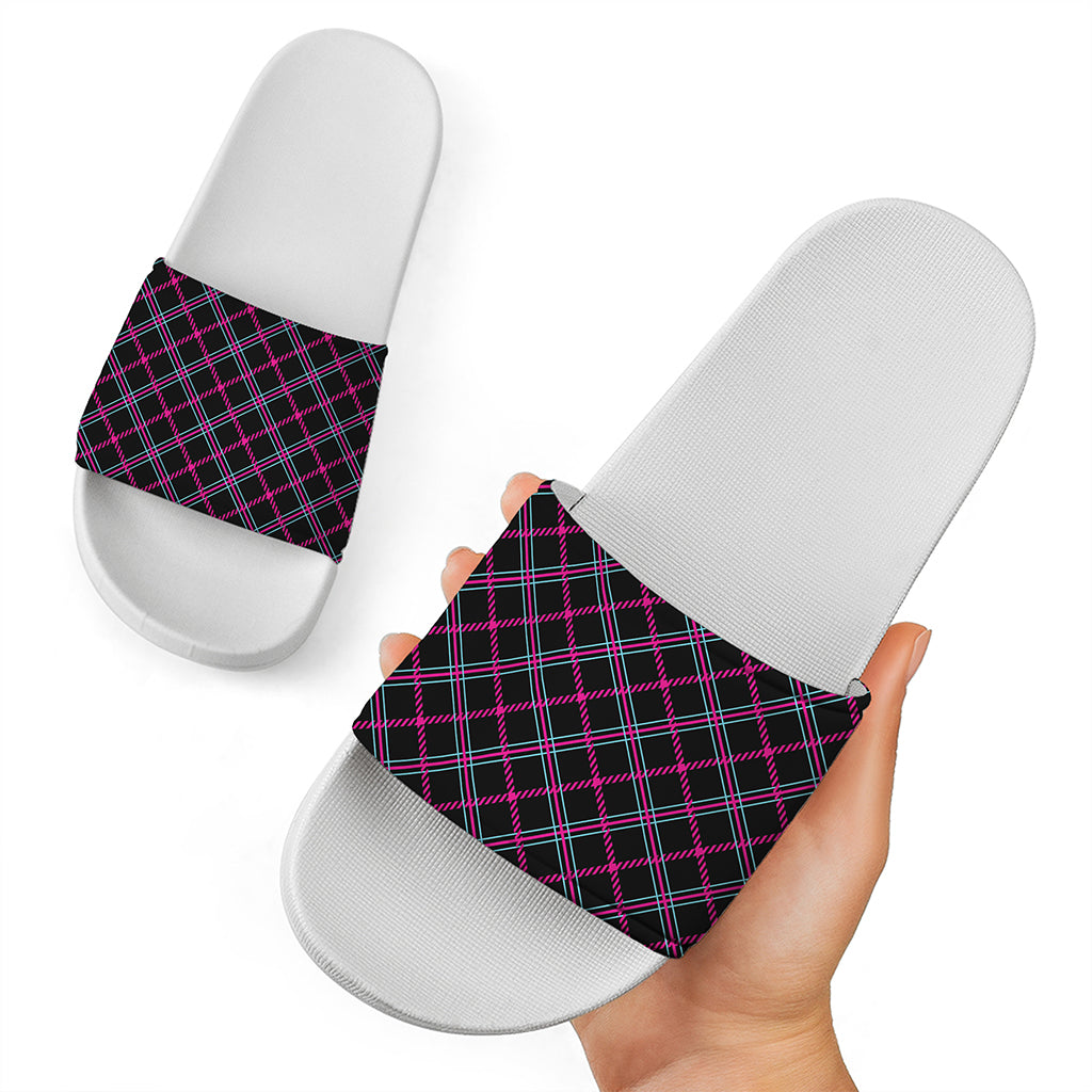 Black Pink And Blue Tartan Pattern Print White Slide Sandals
