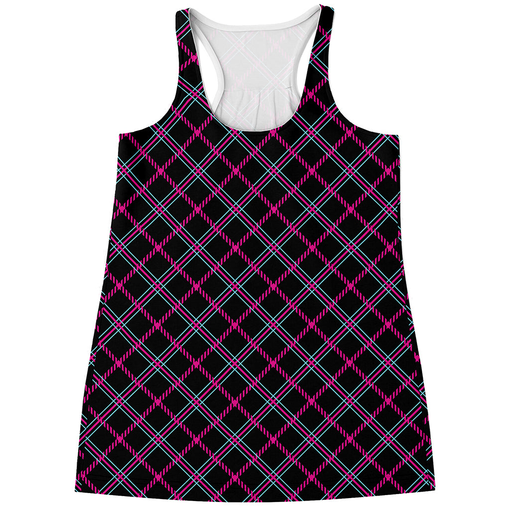 Black Pink And Blue Tartan Pattern Print Women's Racerback Tank Top