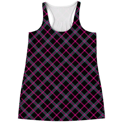 Black Pink And Blue Tartan Pattern Print Women's Racerback Tank Top